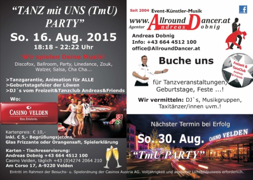 Casino Velden TANZ mit UNS PARTY So 16.8. um 18h AllroundDancer am Wörthersee